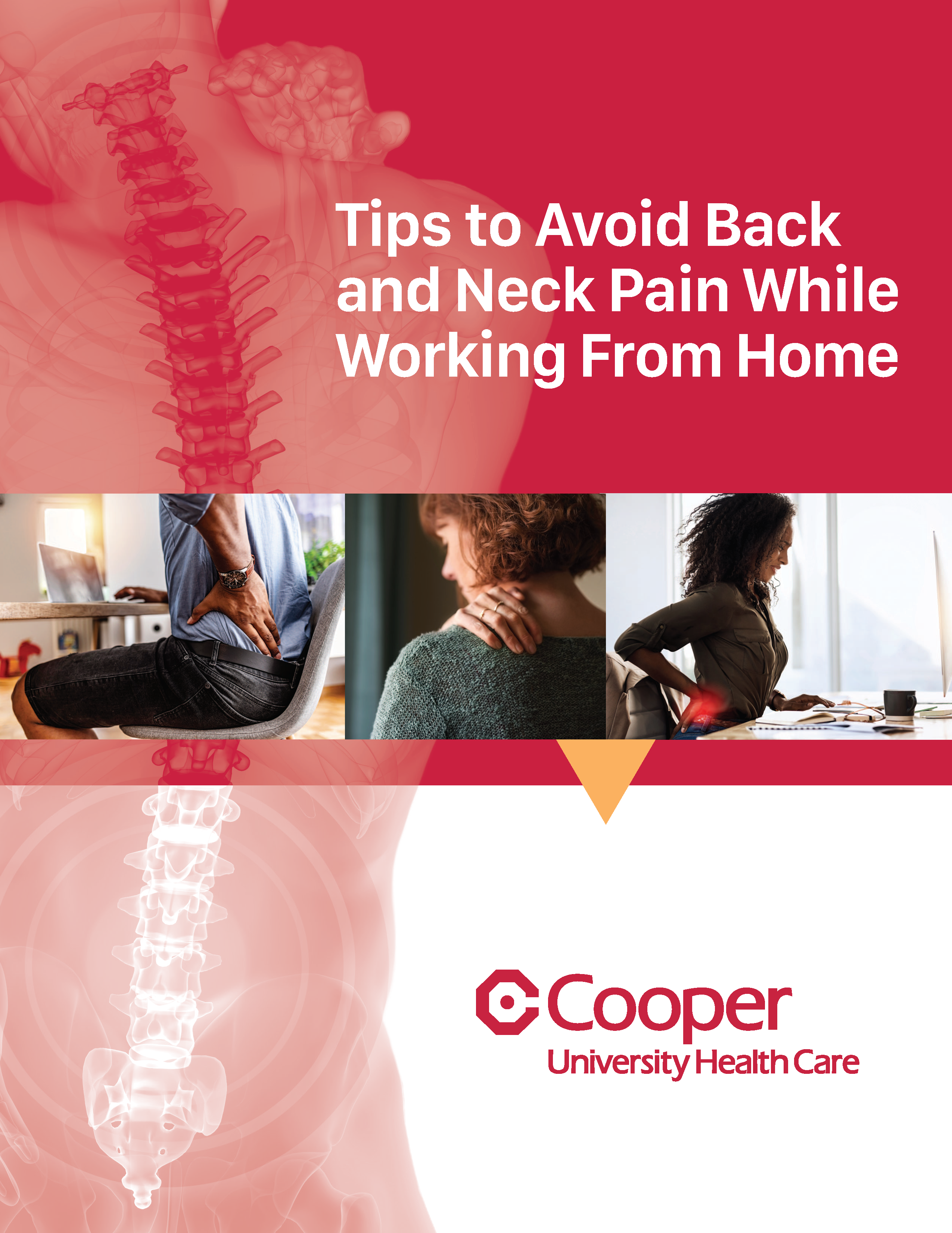 Avoiding Back Pain while Working from Home - eBook cover, image of spine, woman holding neck in pain