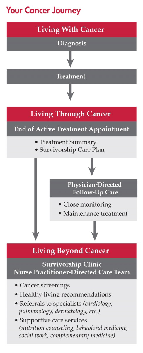 Flowchart of cancer patient care from diagnosis to survivorship.
